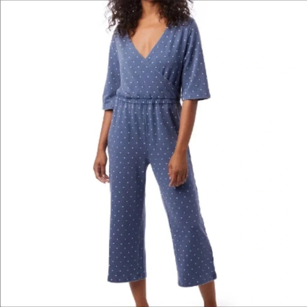 NWT Alternative Bay Blue Pin Dot Piper Cross Front Cropped Jumpsuit XS Dots